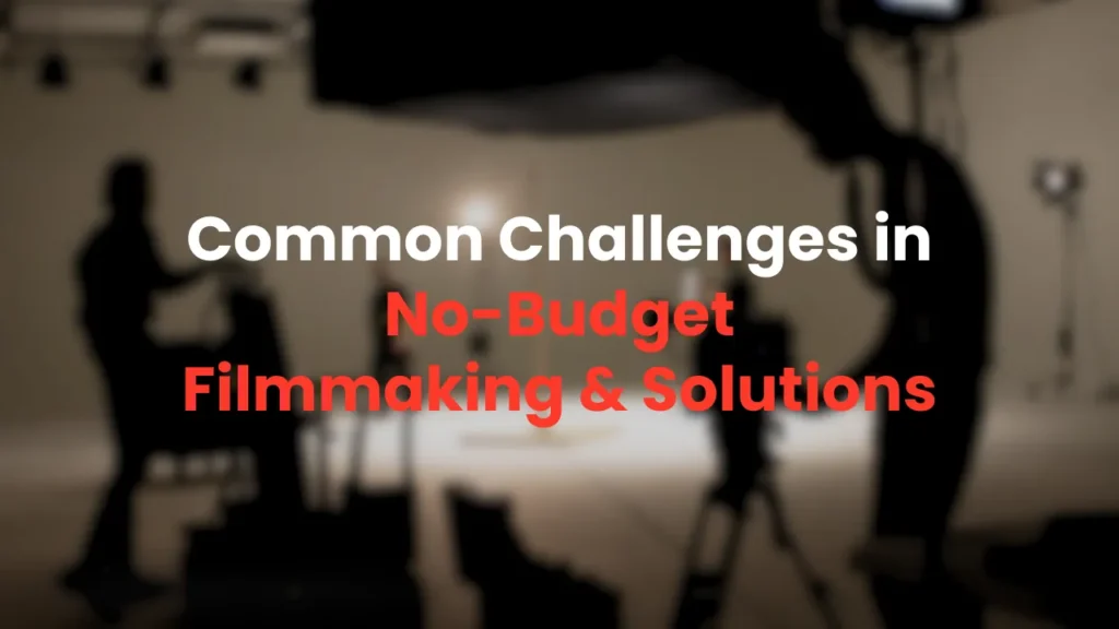 Blurry silhouette of a small indie film crew working on a basic set, representing common obstacles like limited gear, time, and crew in zero-budget filmmaking and how to creatively solve them.