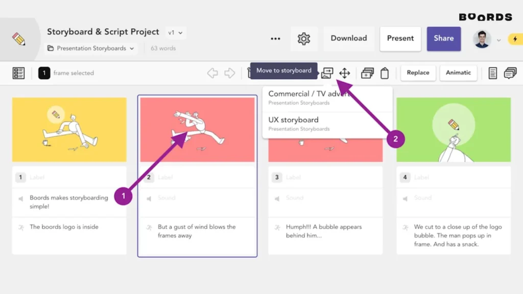 Screenshot of Boords storyboard interface showing animated frames, script input, and storyboard management tools — ideal for agencies and video creators needing a collaborative, web-based storyboard software.