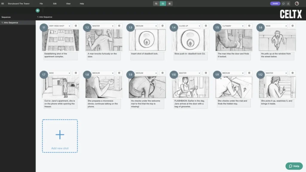 Storyboard interface in Celtx showing pencil-style frames with shot types and descriptions, designed for filmmakers and animation teams managing full production pipelines from script to storyboard in one platform.