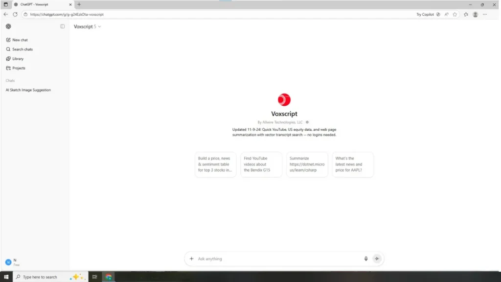 Screenshot of ChatGPT with Voxscript plugin interface, showcasing its flexibility as a free movie script generator for beginners to create scenes, dialogue, and plotlines using AI in 2025.