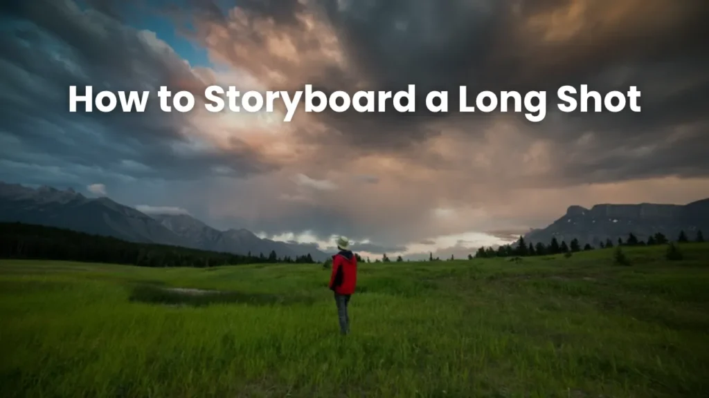 Person in red jacket standing in a wide open field with dramatic sky and distant mountains, representing a cinematic long shot for storyboard planning