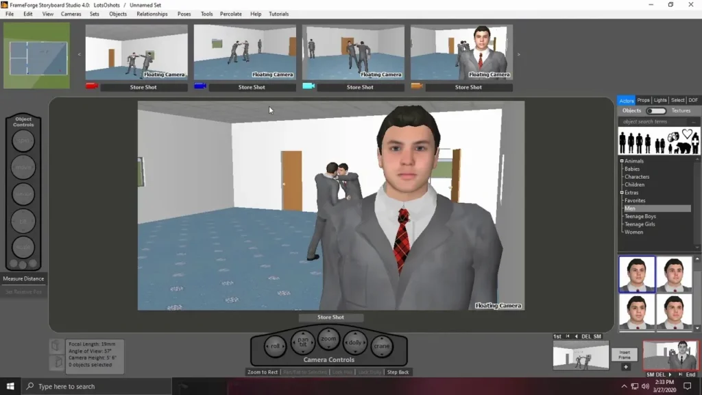 Screenshot of FrameForge Storyboard Studio showing a 3D virtual set with animated characters and adjustable camera views — ideal for directors and cinematographers planning live-action, VFX, or hybrid animation scenes.