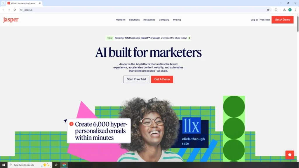 Screenshot of Jasper AI homepage promoting its AI tools for marketers, showcasing its use for generating short-form video scripts and storytelling, ideal for content creators and short film writers in 2025.