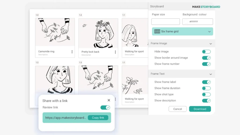 MakeStoryboard interface showing hand-drawn visual panels with customization and sharing options, ideal for freelancers and independent animators needing an easy, web-based storyboard solution with client collaboration tools.