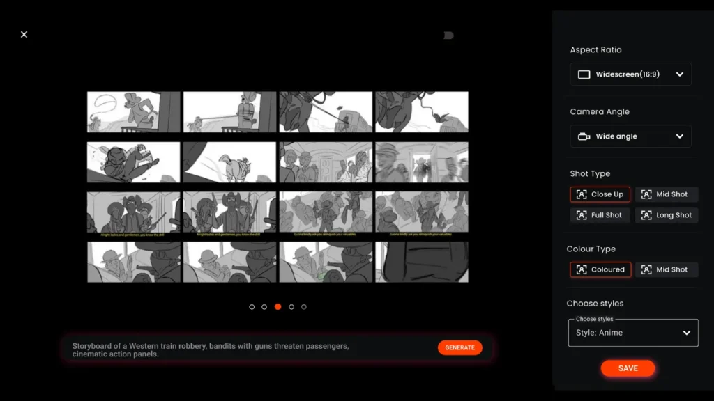 Screenshot of Murphy AI storyboard interface showing cinematic panels of a Western train robbery, with options for aspect ratio, shot type, camera angle, and style — demonstrating how filmmakers can turn AI-generated scripts into visual storyboards.