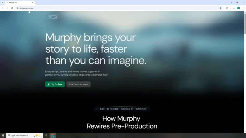 Screenshot of Murphy’s homepage showcasing its AI-powered script and storyboard generator with a tagline about bringing stories to life, highlighting its role as the best movie script generator for filmmakers in 2025.