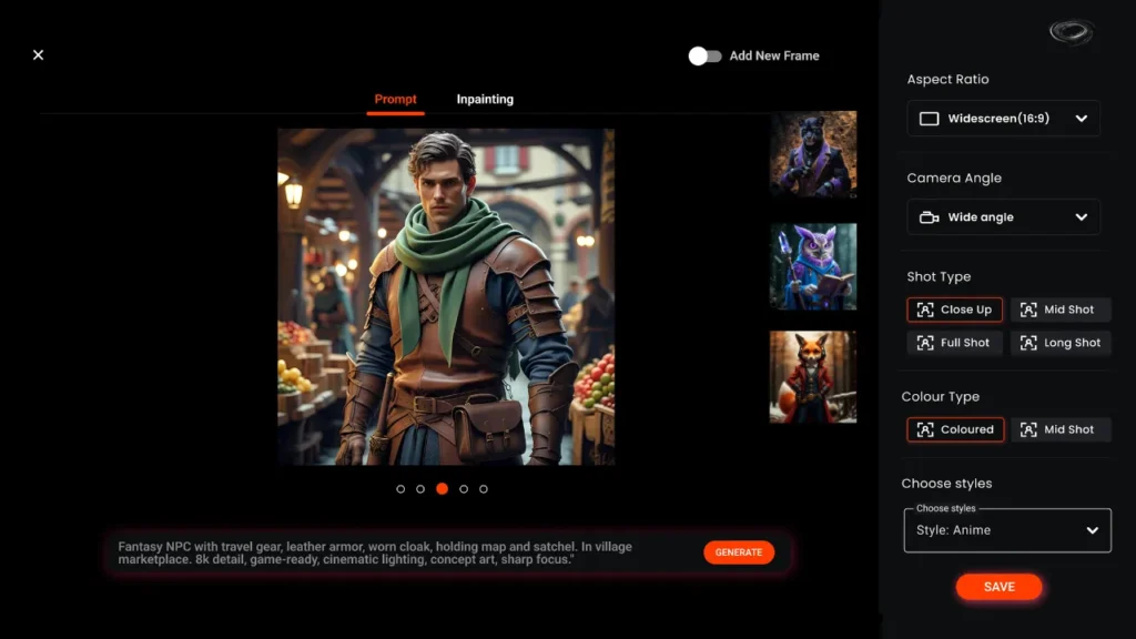 Murphy AI storyboard generator interface showing a fantasy character concept with prompt input and visual settings — ideal for US-based animators, freelancers, or agencies needing quick, collaborative digital storyboards.