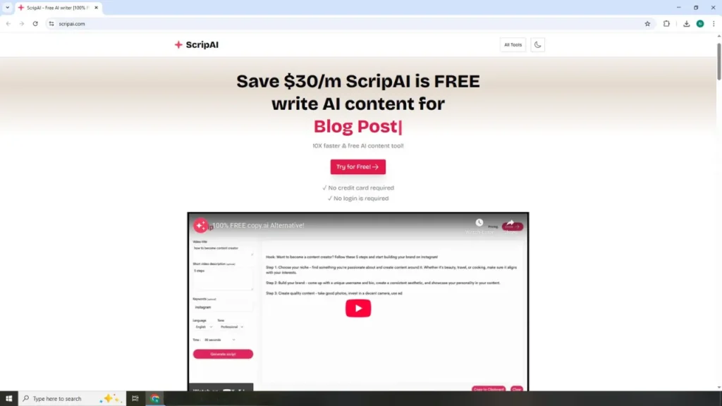 Screenshot of ScriptAI homepage offering free AI content generation, highlighting its use for screenwriters seeking accurate screenplay formatting and scene structure for film scripts in 2025.