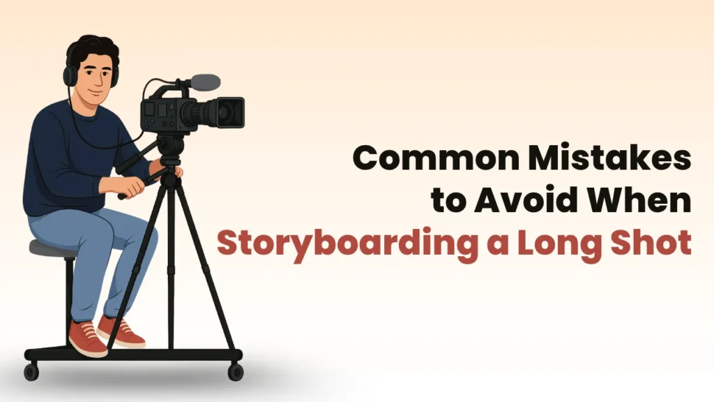 Illustration of a man operating a professional video camera with text “Common Mistakes to Avoid When Storyboarding a Long Shot,” highlighting key pitfalls in cinematic storyboard creation.