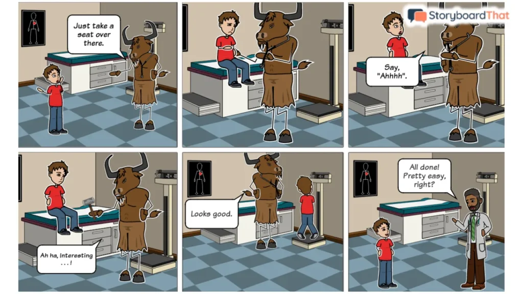 Storyboard created in Storyboard That showing a humorous cartoon medical scene, illustrating its easy-to-use drag-and-drop interface with character presets — ideal for teachers, marketers, and beginners creating explainer visuals or training content.