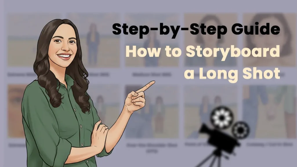 Illustration of a smiling woman pointing toward storyboard panels with text overlay "Step-by-Step Guide: How to Storyboard a Long Shot," representing educational content for planning cinematic long shots in filmmaking.
