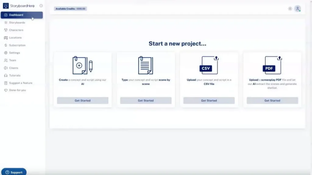 StoryboardHero dashboard showing AI-driven project creation from script, CSV, or PDF — ideal for digital creators and animation teams using AI to generate fast, visual storyboards for pitches and pre-production.
