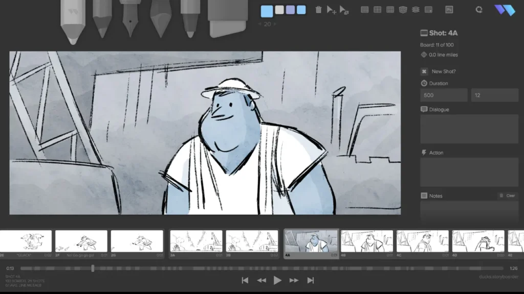Storyboarder interface showing hand-drawn animated frames with timeline and sketch tools, ideal for indie creators and students seeking a free, offline storyboard maker for digital animation projects.