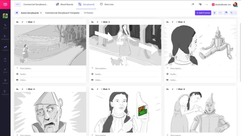 StudioBinder storyboard interface showing black-and-white commercial-style frames with integrated script and media inputs — ideal for film and animation teams needing a production-grade digital storyboard and project management solution.