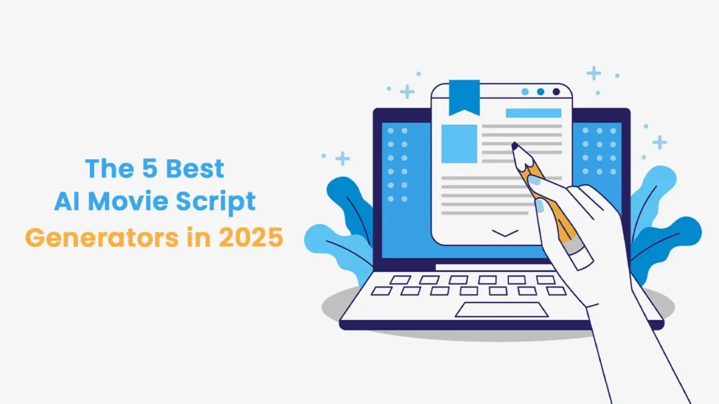 Illustration of a hand writing on a laptop screen with digital script elements, representing the best AI movie script generators for creating film scripts in 2025.