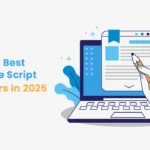 Illustration of a hand writing on a laptop screen with digital script elements, representing the best AI movie script generators for creating film scripts in 2025.