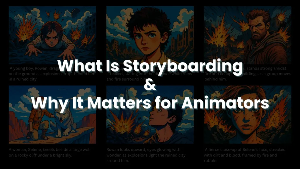 Collage of illustrated storyboard panels featuring animated characters and dramatic scenes, with overlay text “What Is Storyboarding & Why It Matters for Animators” — highlighting the importance of visual planning in animation production.