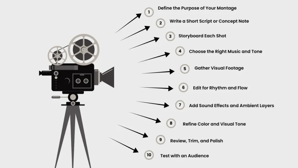 Illustrated guide showing a vintage film camera and ten labeled steps for creating a montage in film, including scripting, storyboarding, editing, music selection, and audience testing—highlighting the creative and technical workflow behind a cinematic montage sequence.