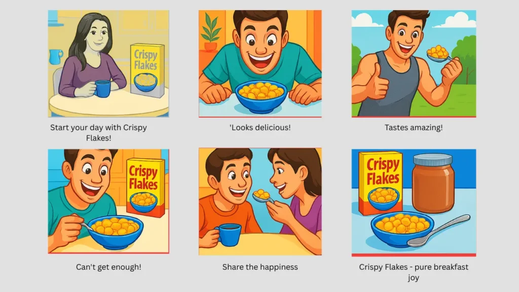 Storyboard panels for a Crispy Flakes cereal ad showing animated characters enjoying breakfast, used to illustrate AI ad storyboarding in short-form social media video marketing.