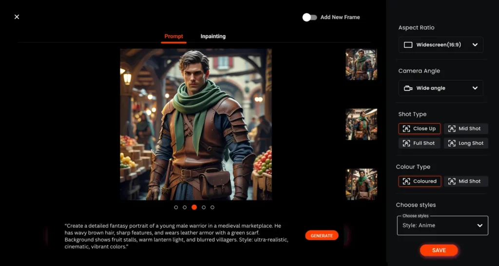 Interface of an AI storyboard tool showing a detailed fantasy portrait of a male warrior in a medieval market, illustrating how descriptive prompts generate cinematic visuals for modern visual storytelling.