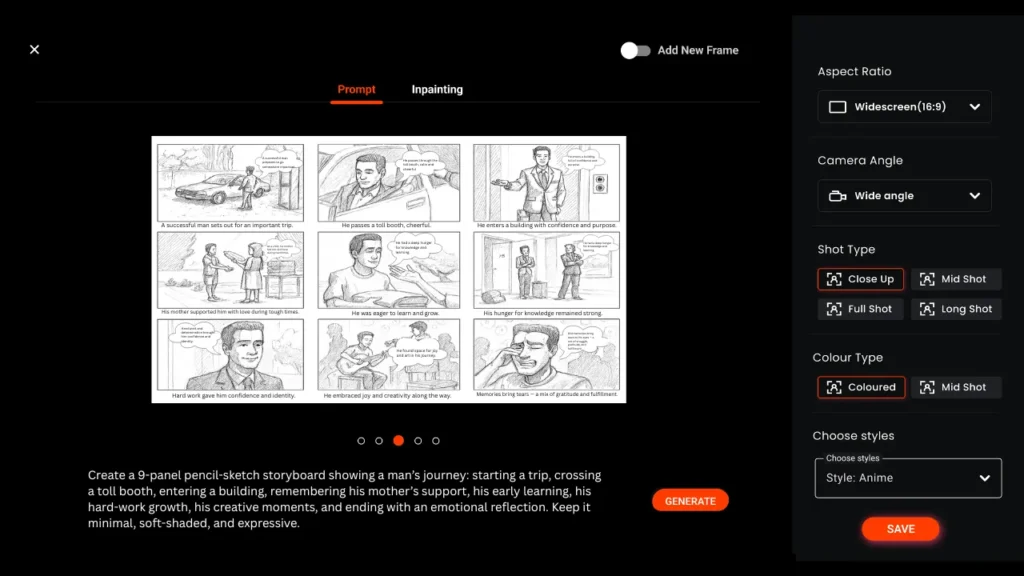 Screenshot of an AI storyboard generator interface showing a 9-panel pencil sketch of a man’s life journey, illustrating how advanced tools enhance product storyboarding for social media ad campaigns.