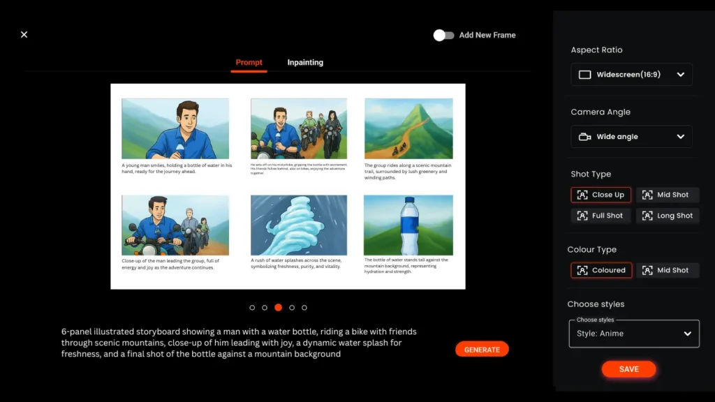 Illustrated 6-panel storyboard showing a man with a water bottle biking through mountains with friends, used to highlight how AI ad storyboarding tools accelerate animation workflows, scene planning, and visual concepting in 2025.