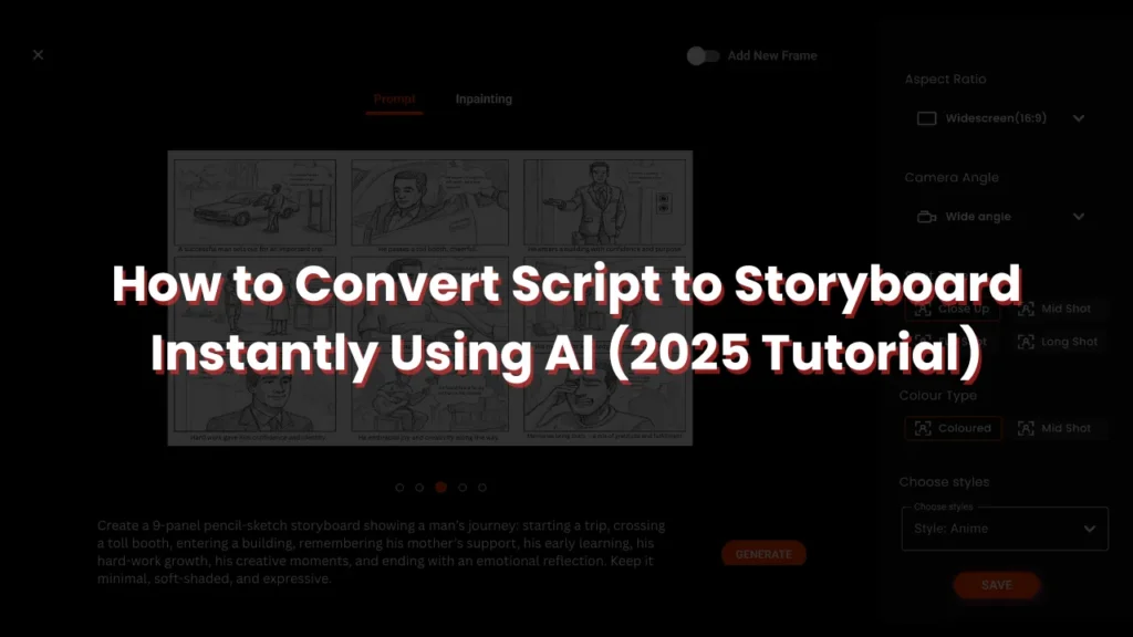 Interface of an AI storyboard generator tool showing a storyboard created from a script, with bold text overlay reading "How to Convert Script to Storyboard Instantly Using AI (2025 Tutorial)" – ideal for filmmakers and content creators seeking fast, automated storyboard solutions.