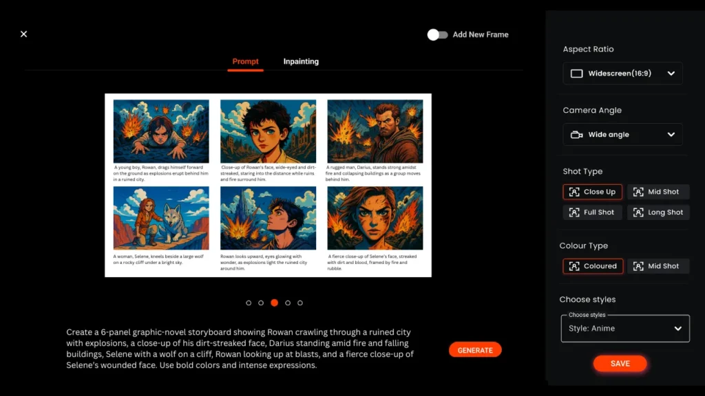 Storyboard creation interface of Murphy AI tool showing a 6-panel graphic novel scene with explosions, character close-ups, and dramatic visuals—demonstrating how to convert scripts to storyboards using AI tools in 2025.