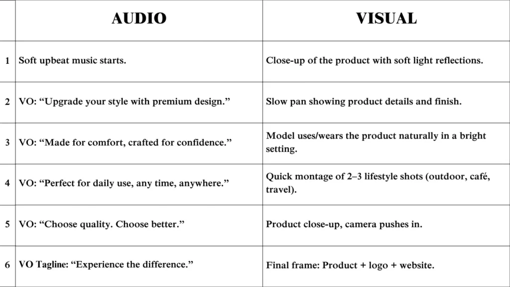 Sample AV script template with two columns showing voiceover audio and matching visual directions for a video ad, illustrating structured audio visual scripting for production teams