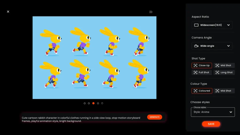Storyboard showing a cartoon rabbit character running in multiple consistent frames, illustrating how to maintain character identity across AI-generated animations using Murphy