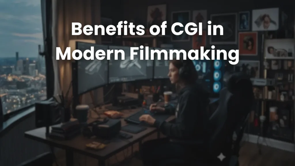 Visual effects artist working at a multi-monitor CGI workstation in a film studio, illustrating the benefits of computer-generated imagery in modern filmmaking for creating realistic, large-scale, and safe digital environments.