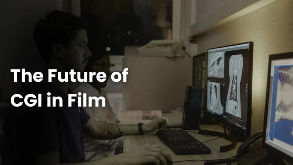 Two visual effects artists working on high-resolution CGI renders at multi-monitor setups, representing the future of computer-generated imagery in film with AI automation and real-time rendering technologies.