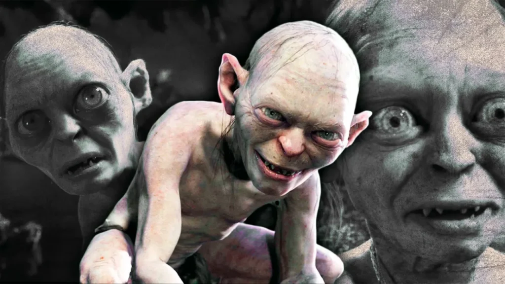 Close-up collage of the CGI character Gollum from The Lord of the Rings, showcasing detailed computer-generated imagery used to create lifelike digital creatures in film.