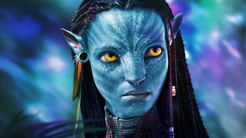 Highly detailed CGI character with glowing yellow eyes and blue skin from the movie Avatar (2009), representing groundbreaking use of computer-generated imagery and motion capture in film.