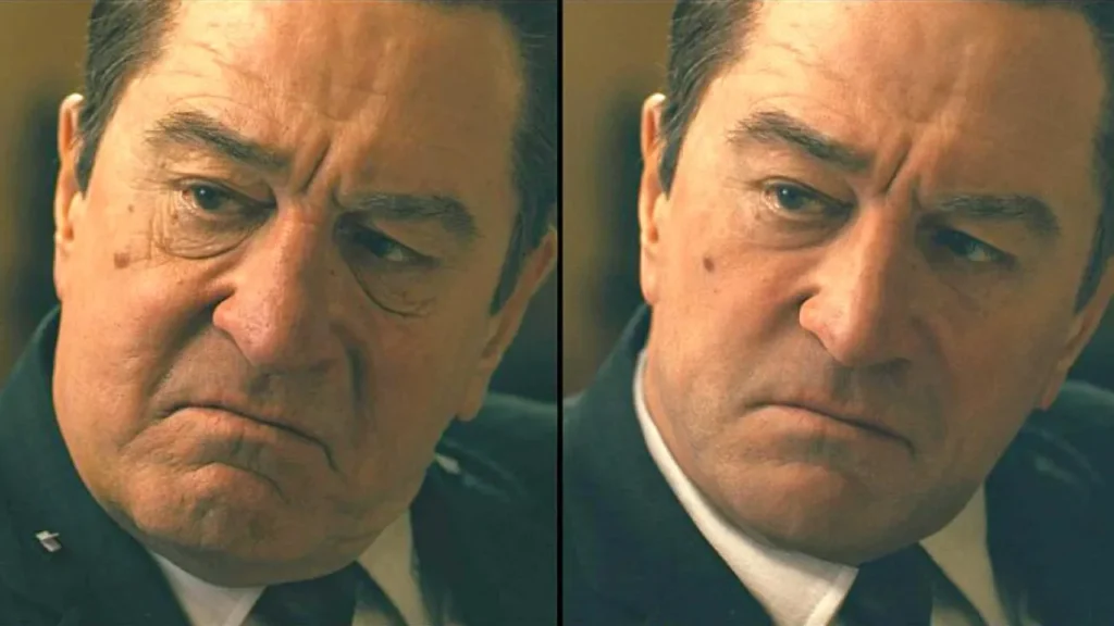 Side-by-side comparison of actor Robert De Niro showing natural aging on the left and CGI de-aged version on the right, demonstrating computer-generated imagery used for de-aging in films like The Irishman.