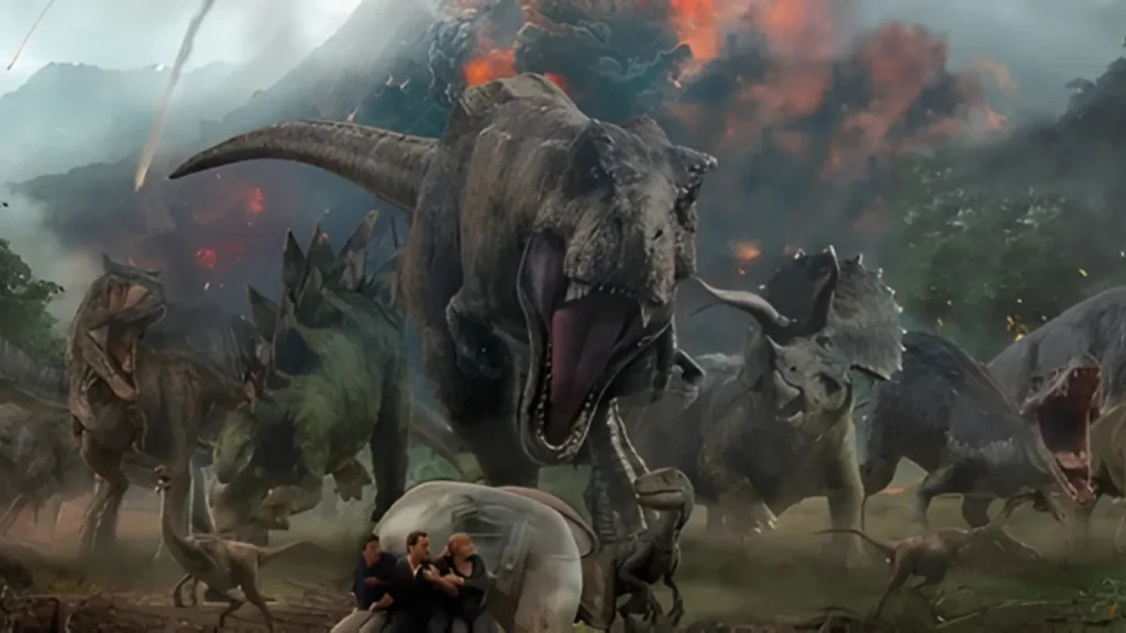 Realistic CGI dinosaurs charging through a jungle with erupting volcanoes and terrified characters in a futuristic vehicle, showcasing creature and monster CGI in films like Jurassic Park.