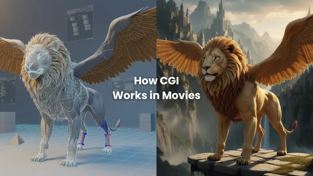 Side-by-side comparison of a winged lion in CGI development—showing 3D wireframe modeling on the left and the fully rendered creature in a fantasy landscape on the right, explaining how computer-generated imagery works in movies.