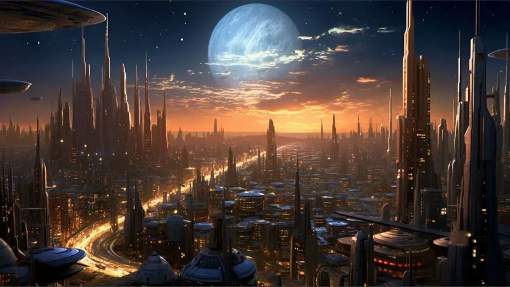Digitally created sci-fi city with towering skyscrapers, flying vehicles, and a glowing sunset sky with a large moon, representing environment CGI in films like Star Wars.