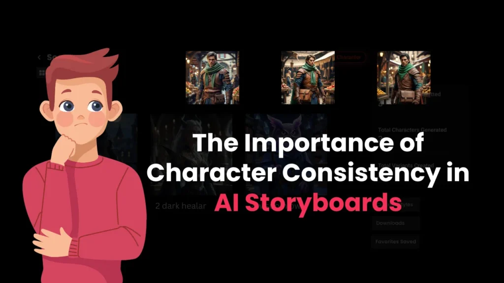 Illustration of a thoughtful animated character beside storyboard frames showing the same hero in multiple shots, emphasizing the importance of character consistency to avoid common AI storyboarding mistakes