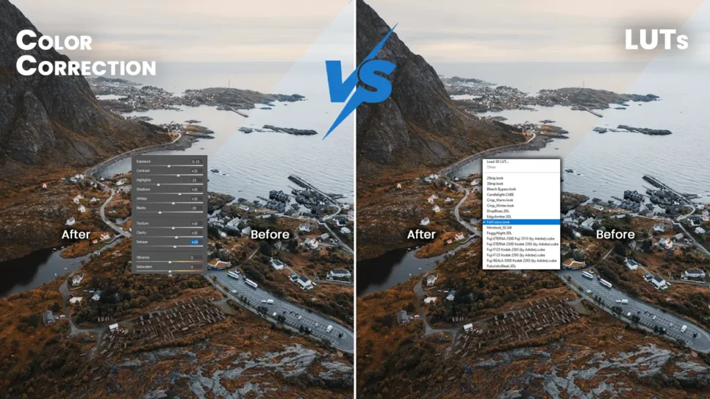 Side-by-side comparison of color correction vs. LUT application — one showing manual adjustments with sliders, and the other applying a preset LUT to the same landscape photo, illustrating the difference between fixing color and creative color grading.