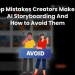Illustration of two creators holding a sign that says "AVOID" with a blurred storyboard background, representing common AI storyboarding mistakes and how to fix them.
