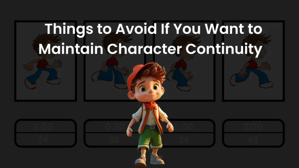 3D character in front of storyboard frames showing inconsistent poses, highlighting common errors to avoid when maintaining character continuity in AI-generated storyboards and animations