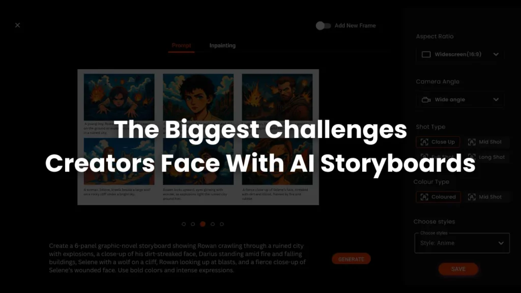 Interface showing storyboard panel variations with different character appearances, illustrating key challenges creators face with AI-generated storyboards like style drift and inconsistent features