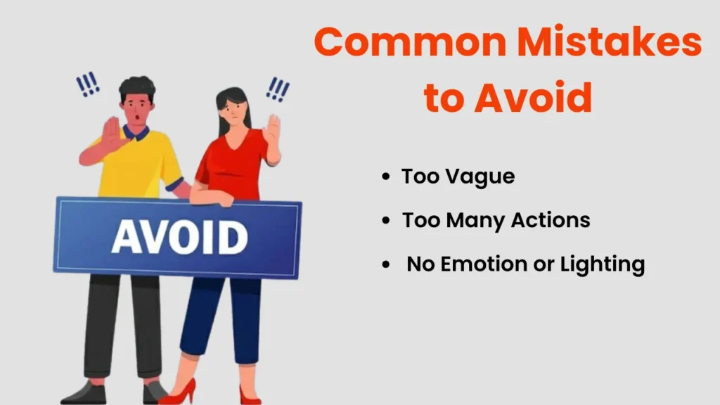 Illustration of two characters holding a sign labeled "AVOID," listing common storyboard prompt mistakes like being too vague, including too many actions, and lacking emotion or lighting — essential guidance for writing effective storyboarding prompts.
