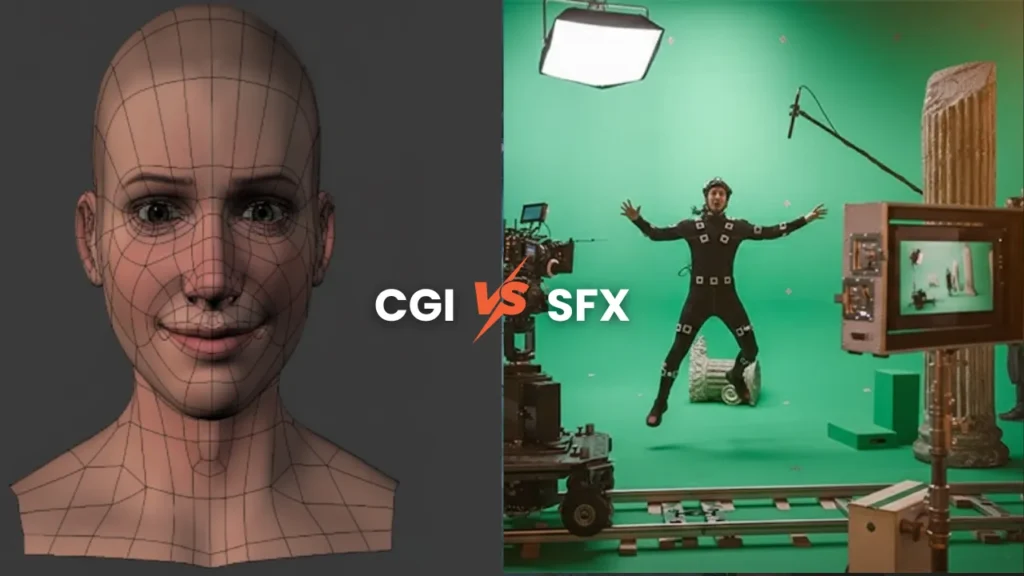 Split image showing 3D CGI face modeling on the left and an actor in a motion capture suit on a green screen set on the right, illustrating the difference between computer-generated imagery and traditional special effects in film. what is cgi in movies?