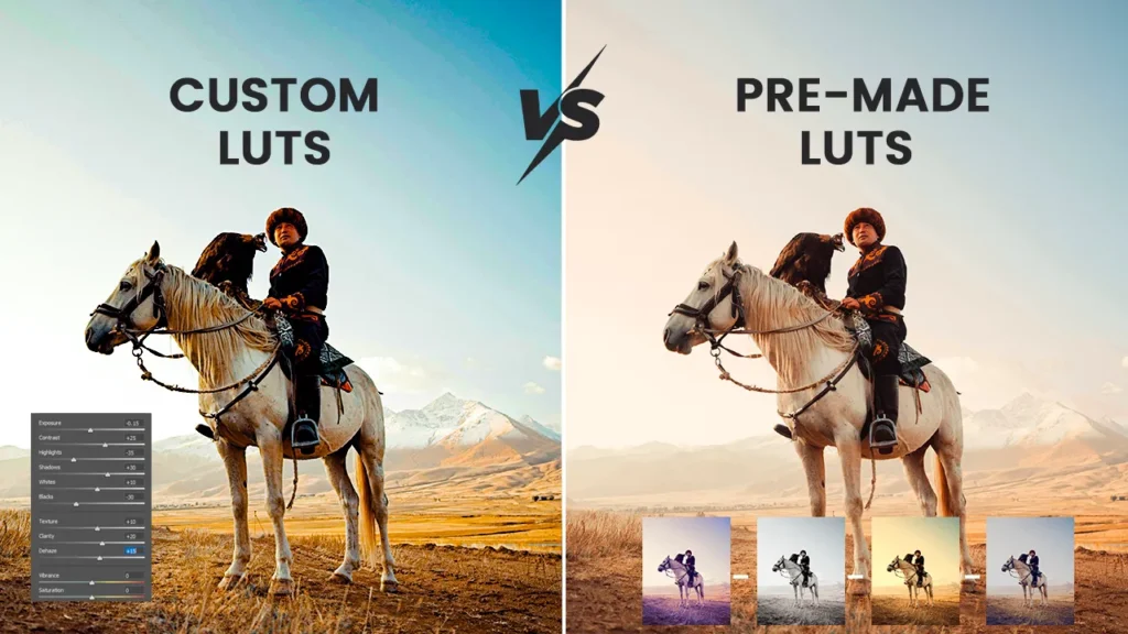 Side-by-side comparison of a man on horseback using custom LUTs with manual color adjustments versus pre-made LUTs with preset styles, demonstrating differences in color grading approach and creative control.