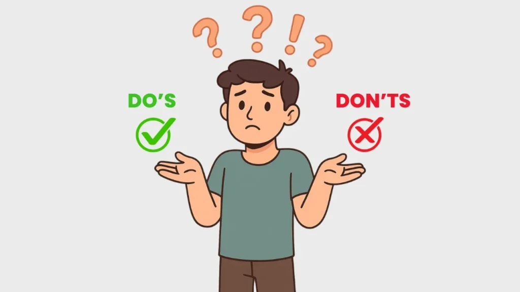 Cartoon of a confused man weighing storyboard do’s and don’ts, symbolizing best practices and common mistakes in designing effective product storyboards for social media advertising.