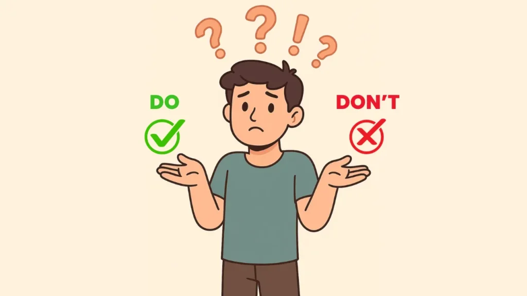 Illustration of a confused person with do and don’t symbols, highlighting best practices for writing audio visual scripts such as using bullet points, action verbs, and avoiding mixed audio-visual content