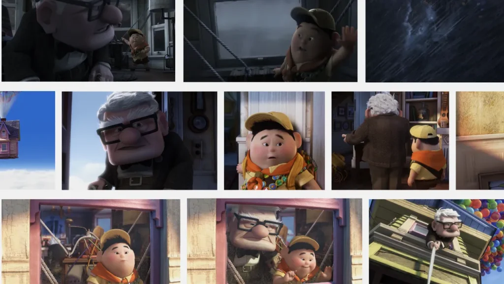 Collage of scenes from the animated film Up (2009) featuring Carl and Russell, illustrating the iconic montage sequence that tells a love story and passage of time through visuals and music without dialogue.
