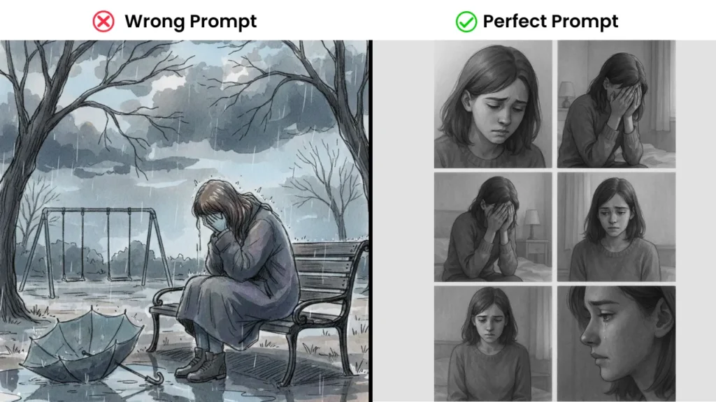 Comparison between a vague sad scene prompt showing a girl crying in the rain, and a well-structured emotional storyboard with close-up panels of a girl expressing sadness through facial emotions in grayscale tones.
